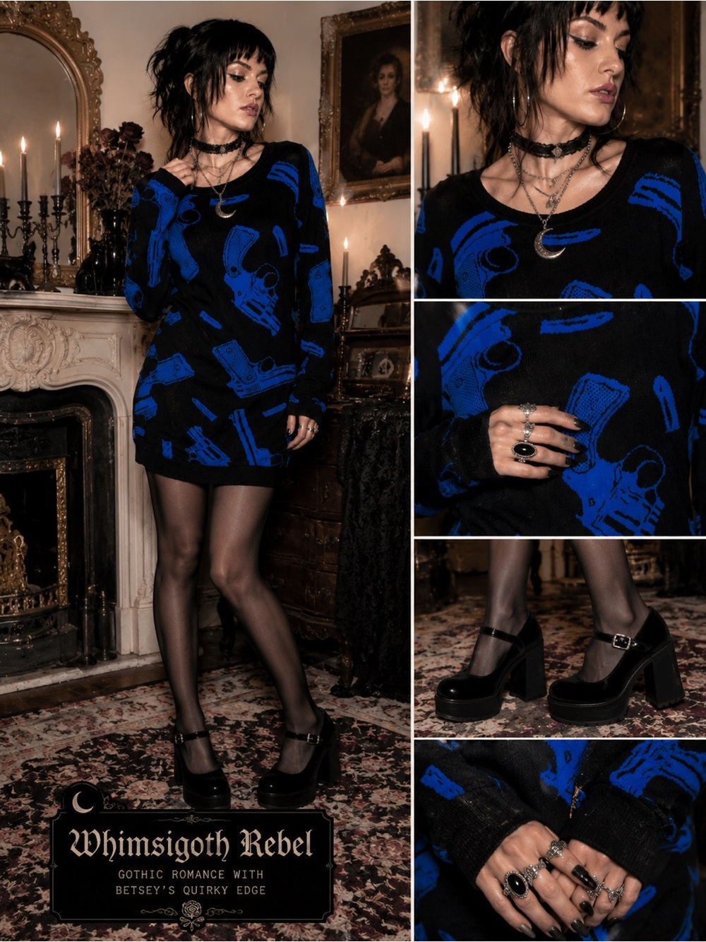 Vintage Betsey Johnson Black Blue Gun Sweater Tunic Dress Large Y2K Goth Punk C1 - Picture 4 of 12